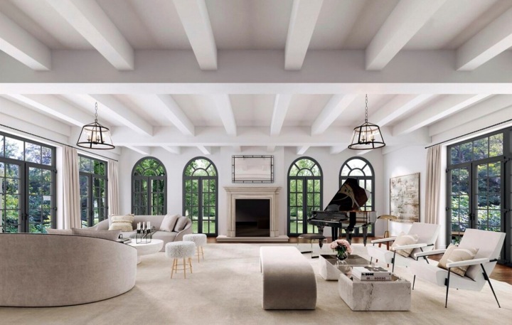 Foyer s pianem uprostřed.