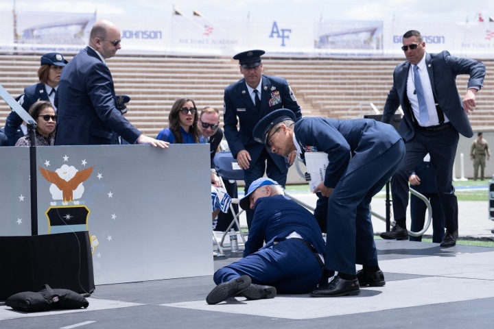 The most famous is his fall at the diploma presentation at the Air Force Academy in Colorado