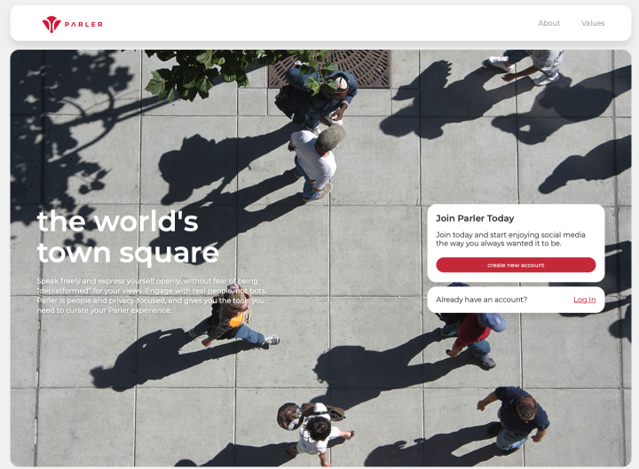 Úvodní stránka sociální sítě Parler