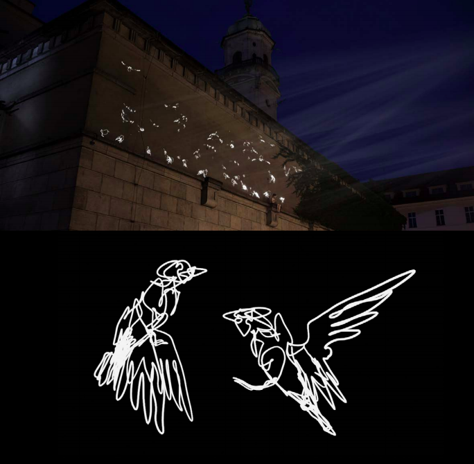 Birdscape od Kláry Míčkové na stěně Klementina. 