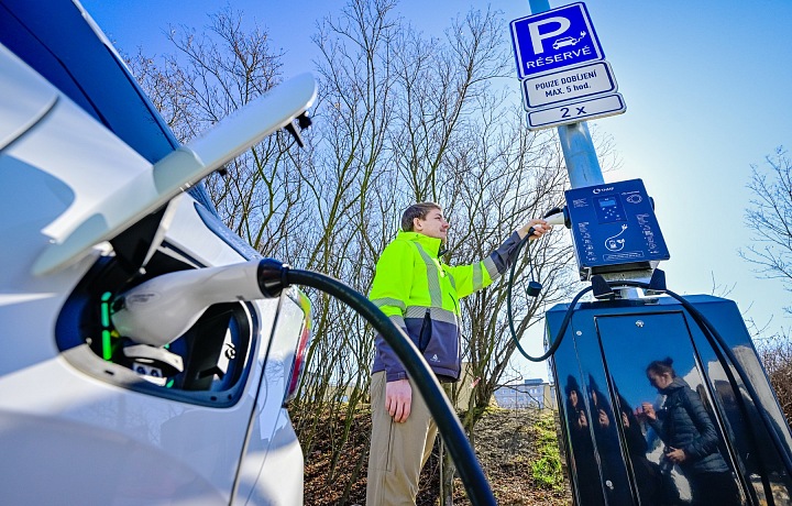 Charging station as part of street lighting in Prague
