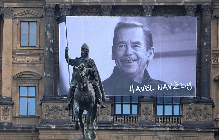 Picture of President Václav Havel with words "Havel forever" located on National Museum building at Wenceslas Square in Prague